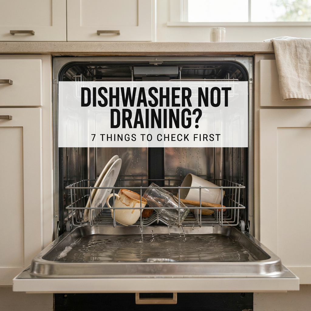 Open dishwasher with standing water in the bottom illustrating a dishwasher not draining problem.